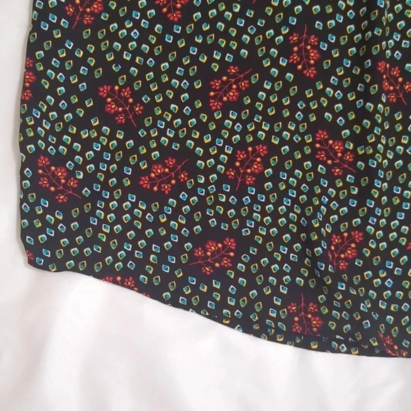 Loft Floral Lace Trim Smocked Cuff Blouse, Color Black/Turquoise/Red Size SP - Picture 7 of 15